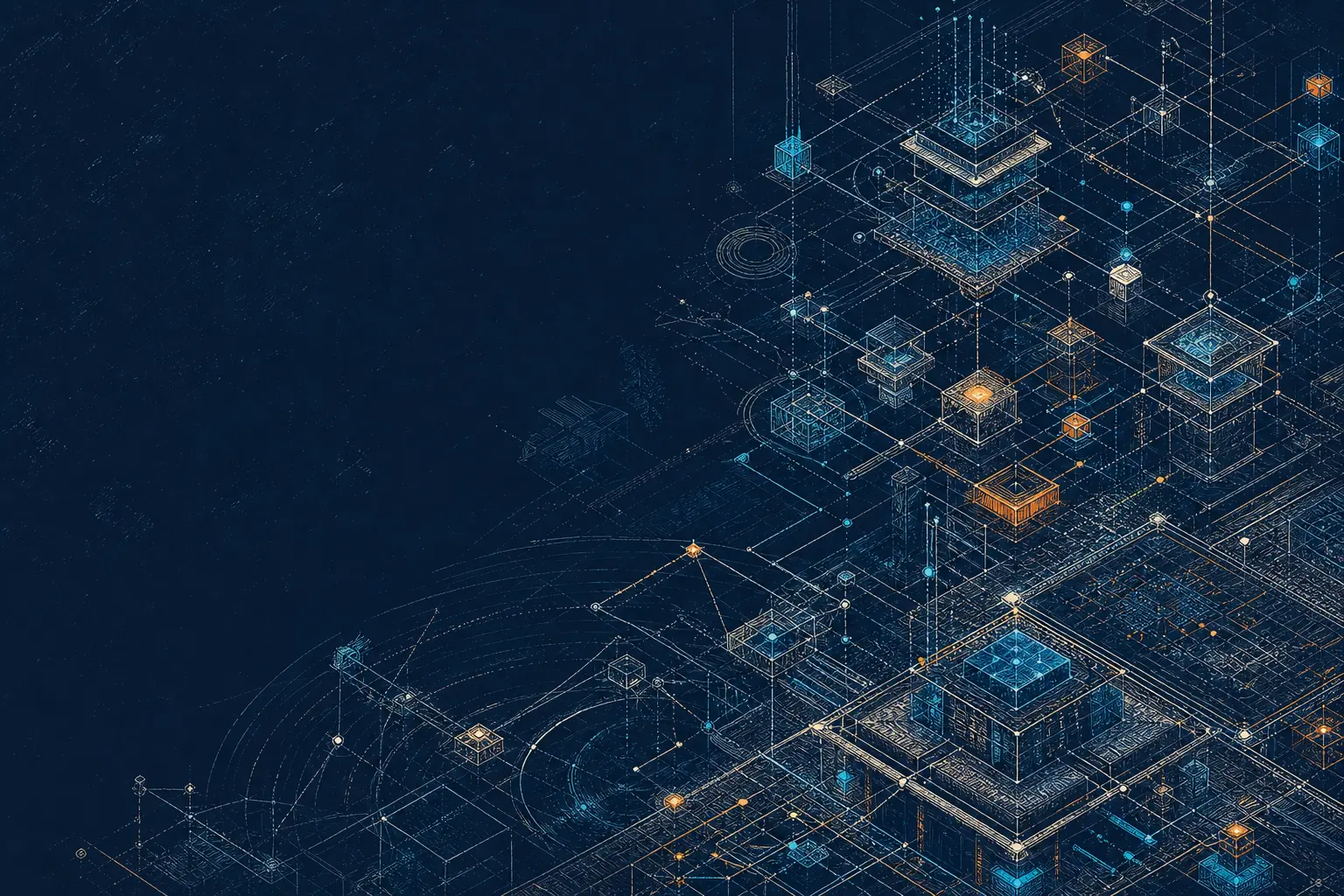 Illustration abstraite d’un réseau blockchain composé de nœuds lumineux et de tracés techniques